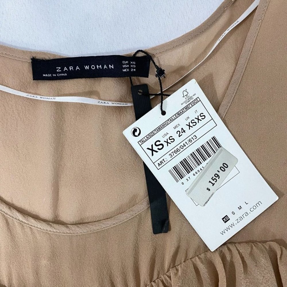 NWT ZARA BEIGE NUDE 100% SILK PUFFY LAYERED MINI SLEEVELESS DRESS - XS - Picture 6 of 9